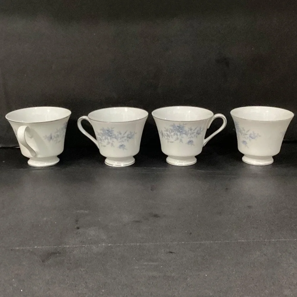 Duchess by Crown Empire Blue Flowers Teacups, Set of 4, Vintage Japan Bone China